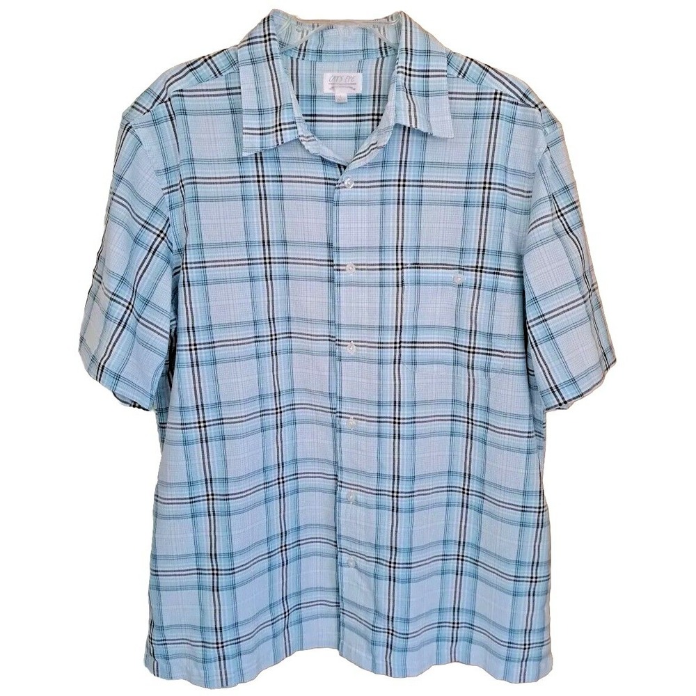 Cats Eye Shirt Men's Size Large Button Up Teal Blue Plaid Short Sleeve Casual